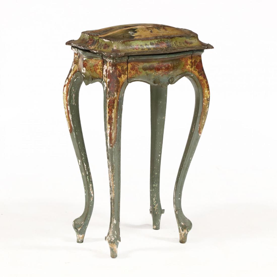 Antique Venetian Painted Sewing Stand: Antique Venetian Painted Sewing Stand 19th century, dome shaped lid with open and painted interior, scalloped skirt on tall cabriole legs, the whole featuring scenes of ruins and floral sprays. 29 x 1