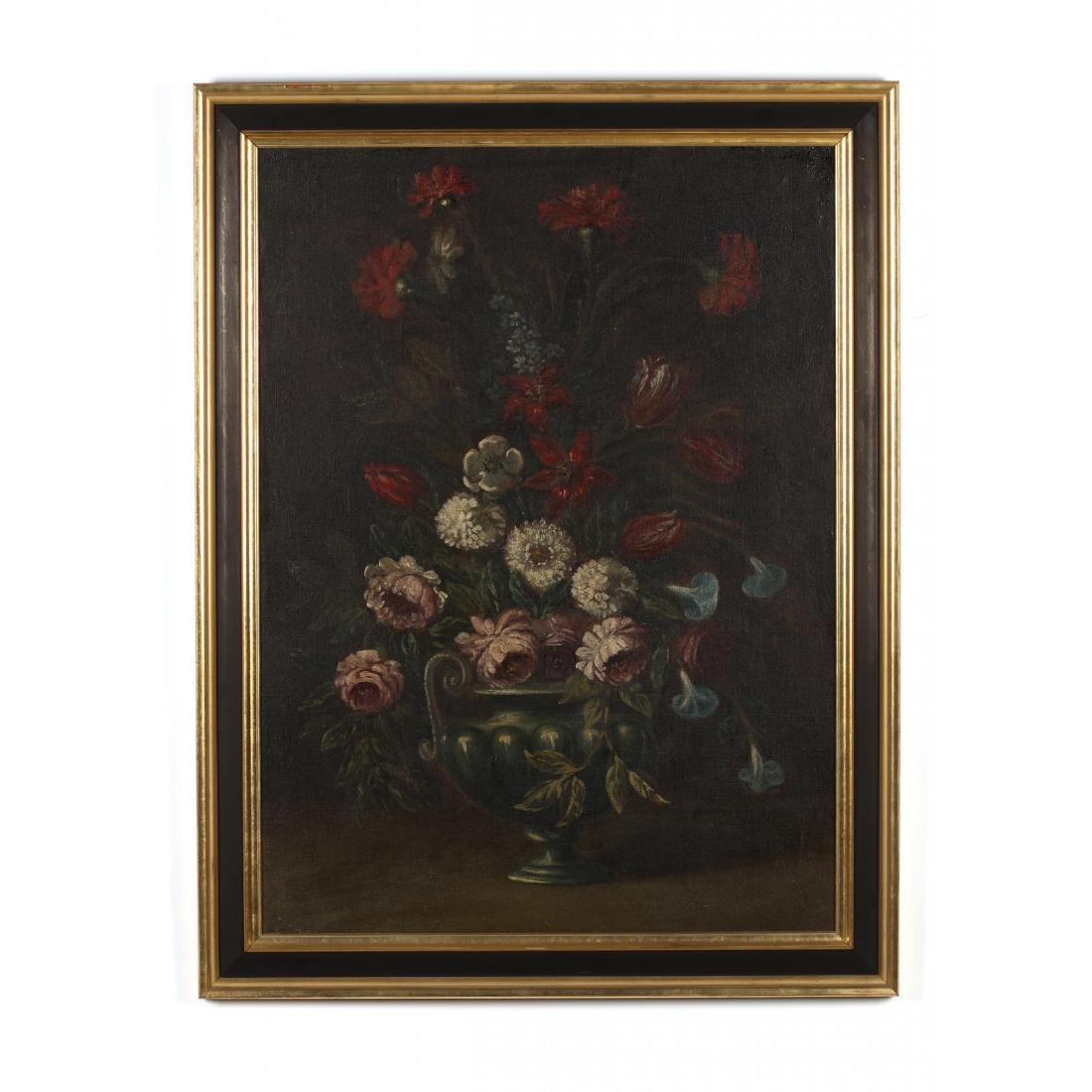 An Antique Dutch School Still Life Painting with Tulips: An Antique Dutch School Still Life Painting with Tulips and Rosesoil on canvas (on new stretchers), unsigned, 19th century, presented in a later ebonized and gilt frame DOA 42.75 x 32.75 in. Collectio
