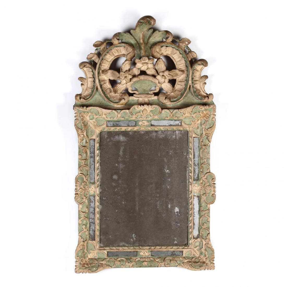 Antique Carved and Painted Venetian Mirror: Antique Carved and Painted Venetian Mirror 19th century, wood and gesso with an asymmetrical carved and pierced pediment, rectangular glass with mirrored panel surround. 40 x 22 in. From the Collectio