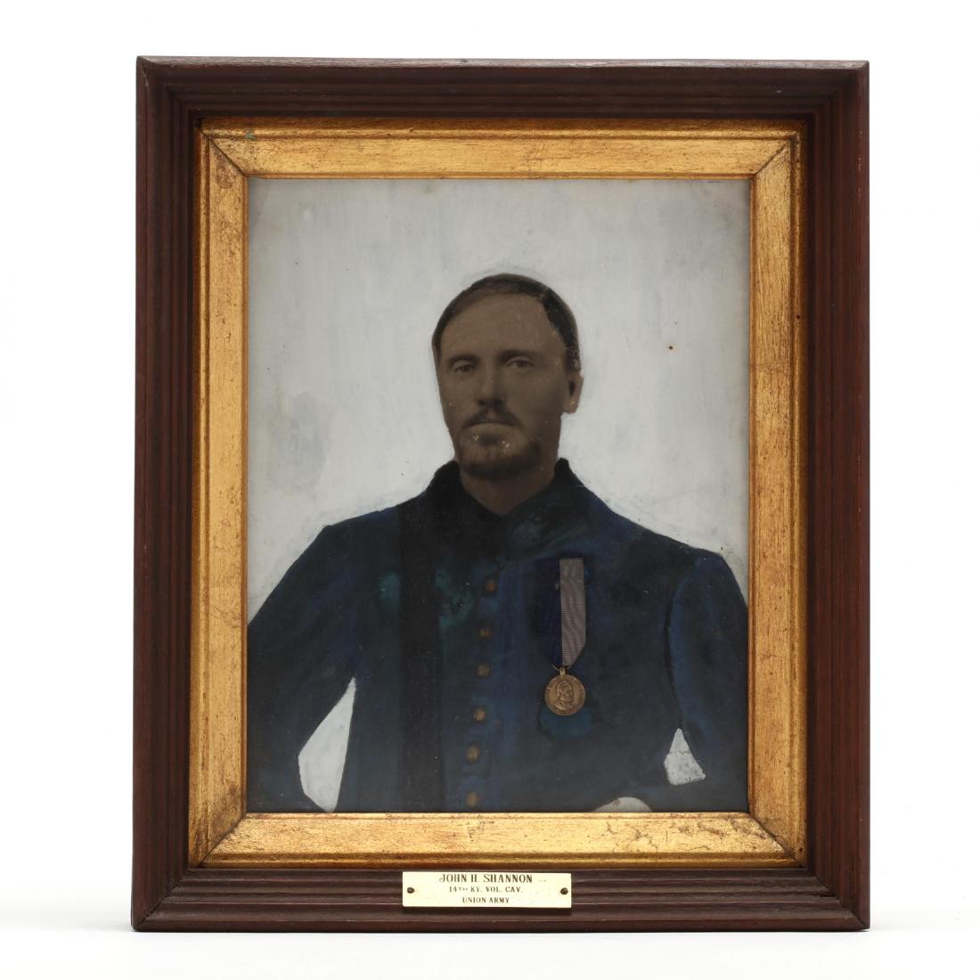 Portrait of an Identified Union Soldier From Kentucky: Portrait of an Identified Union Soldier From Kentuckybeing a postwar hand-painted print presented in a modern shadowbox wooden frame, the portrait's sitter was John Henry Shannon (1830-1879), who enli