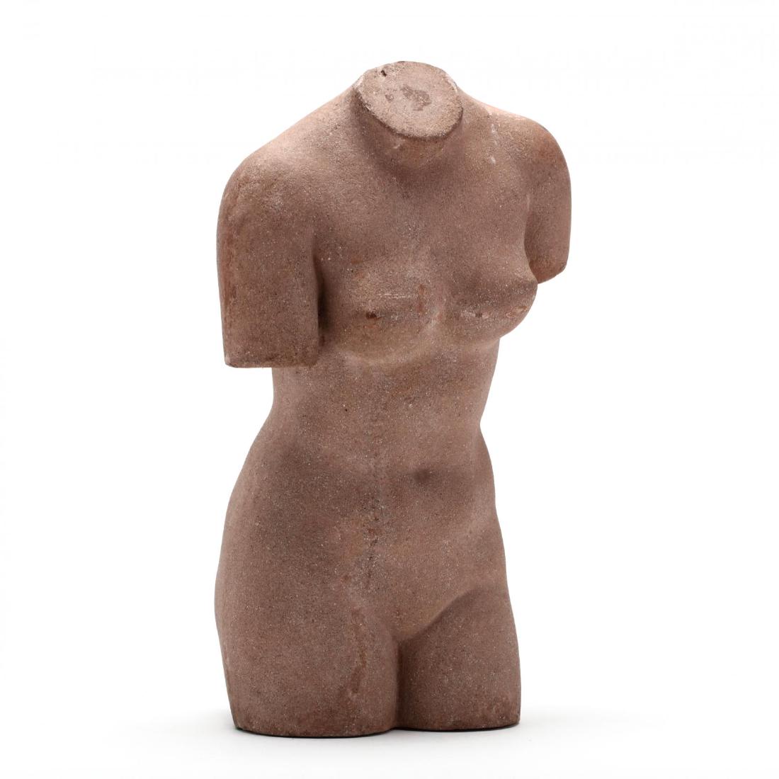 Vintage Cast Stone Torso of Venus: Vintage Carved Sandstone Torso of Venus mid-20th century, unsigned, attractive reddish sandstone type coloration. 13 1/8 in.
