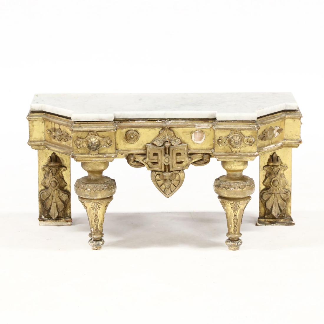 Victorian Marble Pier Table Base: Victorian Marble Pier Table Base late 19th century, wood and composition with gilt surface, with white marble top. 17 x 33 x 14.5 in.