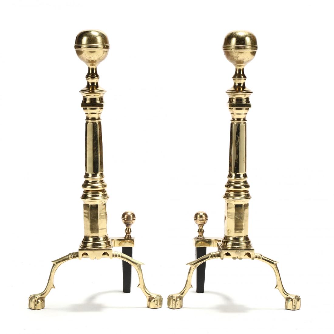 Virginia Metalcrafters, Pair of Chippendale Style: Virginia Metalcrafters, Pair of Chippendale Style Andirons late 20th century, cast brass, ball finial with tapered standards, spur knee on ball and claw feet, marked. 27 x 13 x 8 in.