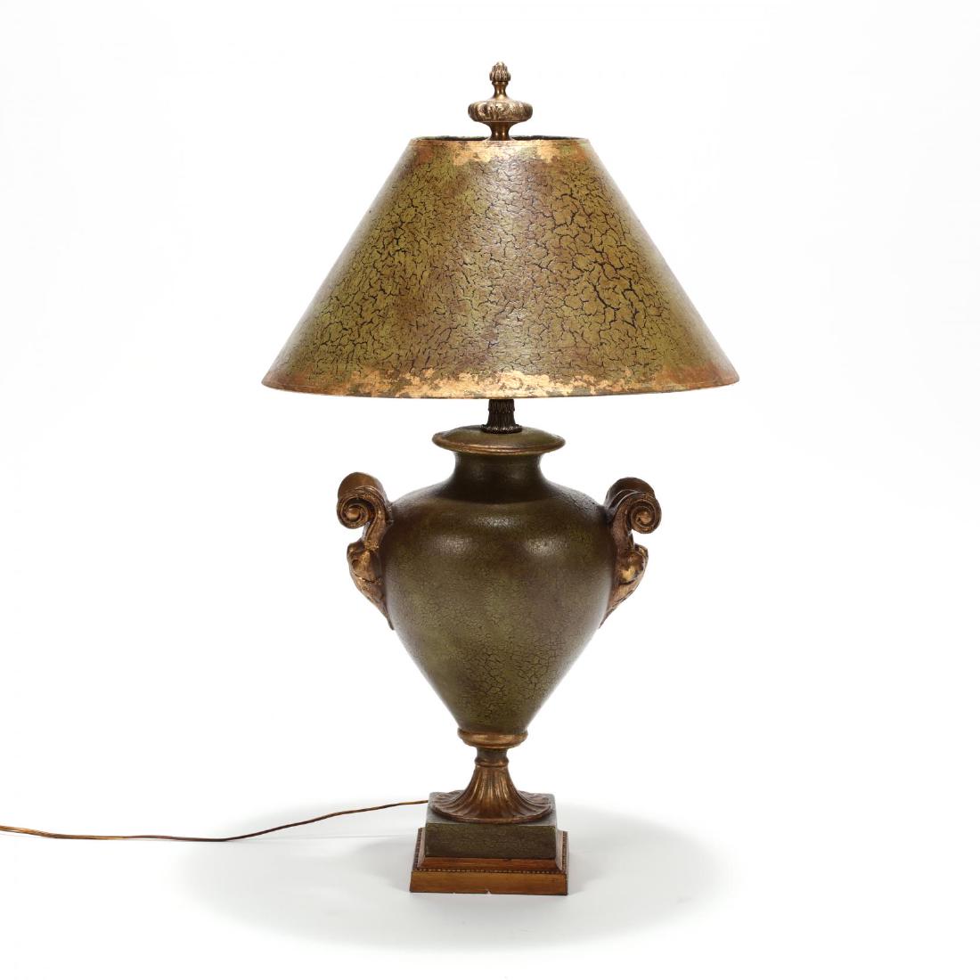 John Richard, Classical Style Urn Table Lamp: John Richard, Classical Style Urn Table Lamp late 20th century, antiqued composition with gilt highlight, matching shade, labeled. HOA 38 in.