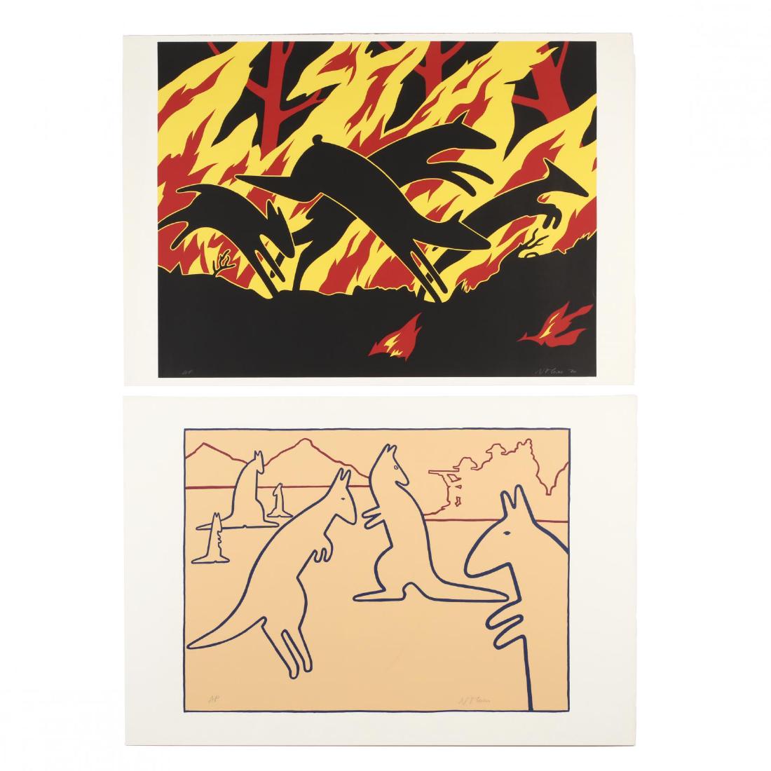 Nicholas Monro (British, born 1936), Animals Running: Nicholas Monro (British, born 1936), Animals Running Through Fire and Kangaroosscreenprints in color on wove paper, 1970 and 1971, pencil signed, dated, and marked as artist's proofs, the second with