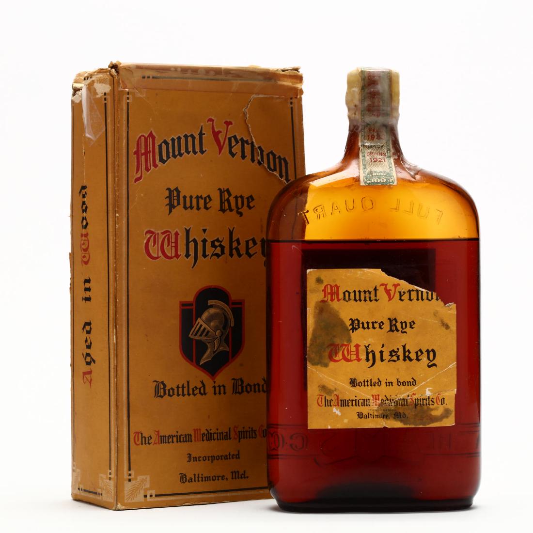 Mount Vernon Pure Rye Whiskey: Mount Vernon Pure Rye Whiskey Fragile bottle. For pick-up only. NV, Mount Vernon Pure Rye Whiskey, 12 Years Old, American Medicinal Spirits Company, distilled by Gwynnbrook Company, Gwynnbrook, Maryla