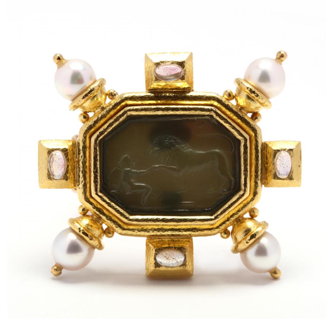 18KT Gold, Venetian Glass Intaglio, and Gem Set Pendant: 18KT Gold, Venetian Glass Intaglio, and Gem Set Pendant / Brooch, Elizabeth Locke centering on a raised and bezel set Venetian glass intaglio depicting Eros and the Lion with mother-of-pearl support a