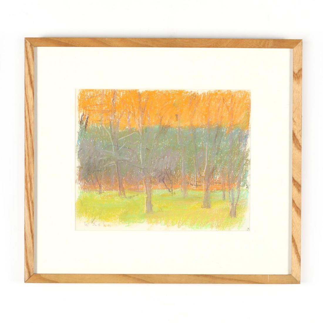 Wolf Kahn (b. 1927), Orchard at Dusk: Wolf Kahn (b. 1927), Orchard at Duskpastel on paper, 1989, signed at lower left, matted and framed under Plexiglass, retaining gallery labels to the verso. SS 7.75 x 9 5/8 in.; DOA 13.5 x 15.25 in. Me