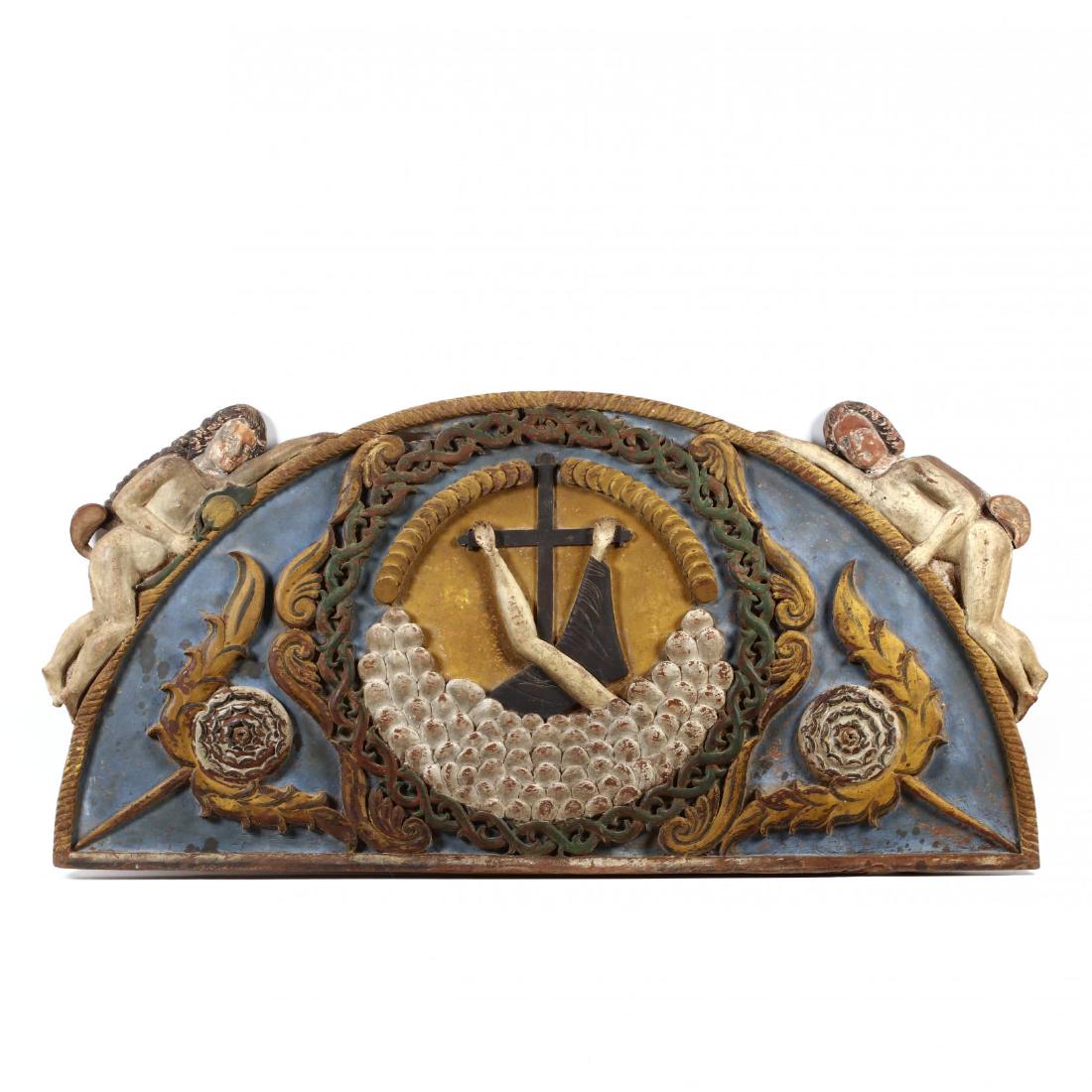 Large Antique Spanish Colonial Carved Architectural: Large Antique Spanish Colonial Carved Architectural Panel 18th century, carved wood and gesso with painted surface featuring a central cross having two outstretched arms, surrounded by stones and coin