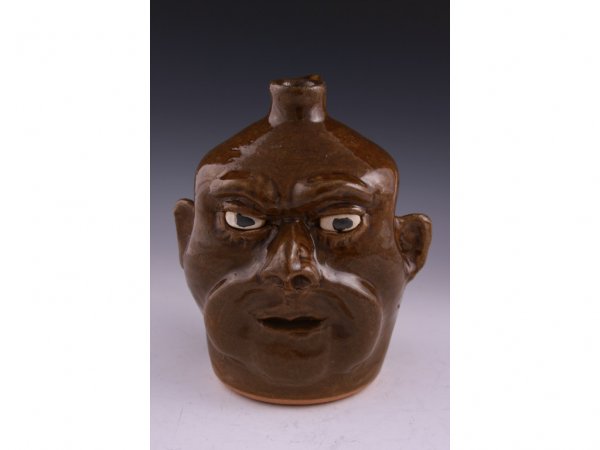 GA Folk Pottery Face Jug, RARE Lanier Meaders,: GA Folk Pottery Face Jug, RARE Lanier Meaders, glossy olive color modified alkaline glaze, ovoid shape, stoneware, probably 1970s, RARE and desirable due to the open mouth without teeth (Lanier produc