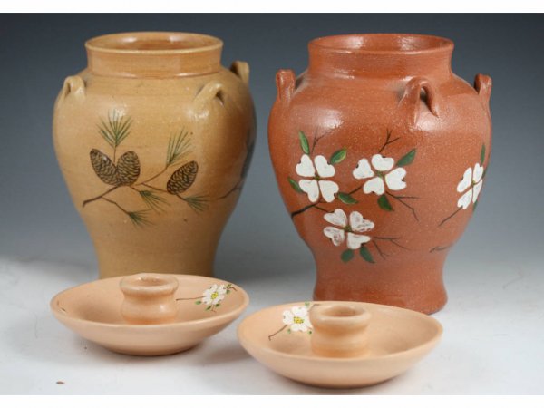 Four Pieces NC Pottery, Tobacco Road, 1980s,: Four Pieces NC Pottery, Tobacco Road, 1980s, the first piece a clear glazed vase with four pinched handles and painted dogwood blossoms, signed "Ernestine Hilton Sigmon, 1981", 7 3/8"; the second vase
