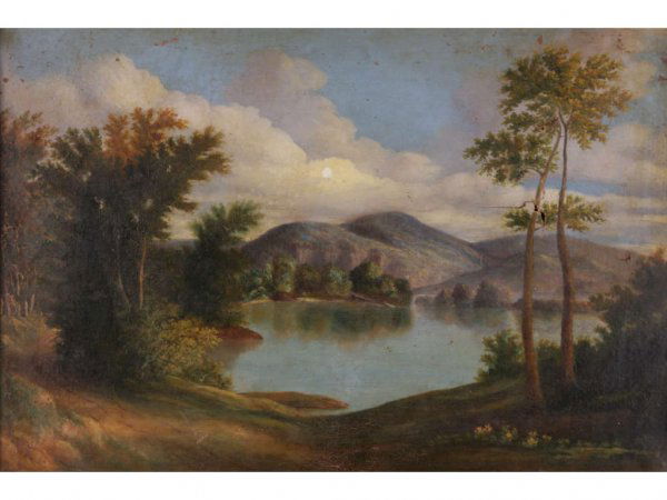 att. William Wall (IR/NY, 1792-1864), Landscape,: att. William Wall (IR/NY, 1792-1864), Landscape, oil on canvas, unsigned, Hudson River School landscape, bears two stencils en verso "From JJ Adams 99 Washington St. Boston MS" and "Prepared by O. Ste