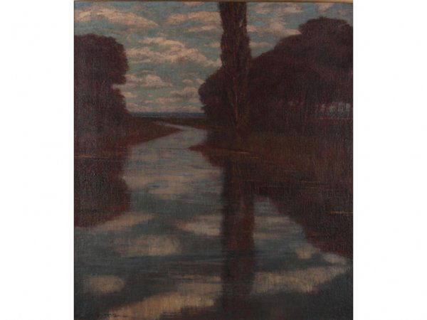 Alexander Harrison (CA/NY, 1853-1930), The River,: Alexander Harrison (CA/NY, 1853-1930), The River, oil on canvas (relined), signed lower left "A. Harrison," river landscape at twilight, clouds and stately trees reflected in the smooth surface of the