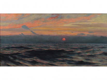 Alexander Harrison (CA/NY, 1853-1930), Seascape,: Alexander Harrison (CA/NY, 1853-1930), Seascape, oil on canvas, signed lower left "Alex. Harrison," dramatic sunset over a calm sea, housed in a period gilt wood frame with composition ornament; Alexa