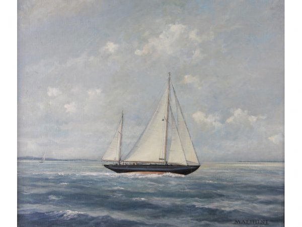 Eric Sloane (CT, 1905-1985), "Malihini,": Eric Sloane (CT, 1905-1985), "Malihini," oil on canvas, signed lower right "Sloane," titled "Malihini," depicting the artist's sailboat on a calm sea and under an expansive sky, housed in a very fine