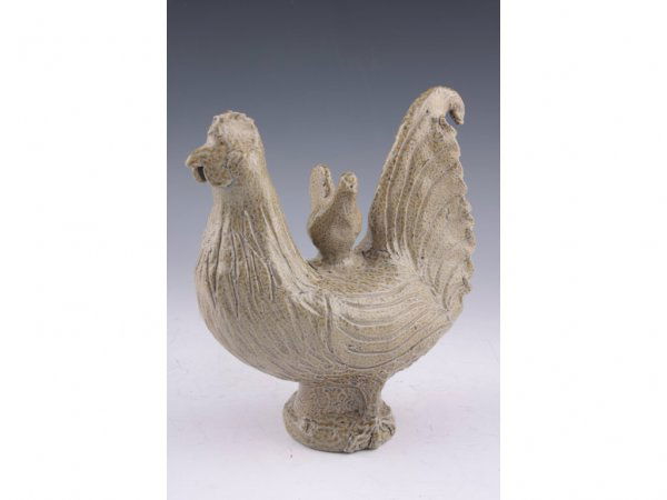 NC Folk Pottery, Charles Moore (1935-2007),: NC Folk Pottery, Charles Moore (1935-2007), salt glazed molded chicken with sitting baby chick on its back, a wonderful example of Charlie's skill and enjoyment in the making of his figurals, signed i