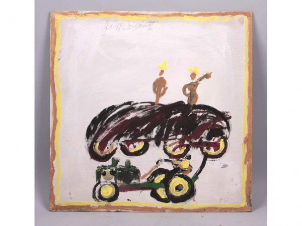 Folk Art, Jimmy Lee Sudduth (AL, 1910-2007),: Folk Art, Jimmy Lee Sudduth (AL, 1910-2007), paint and Alabama mud on wooden board of two figures wearing yellow cowboy hats above a black cloud hovering over a John Deere green four wheeled vehicle,