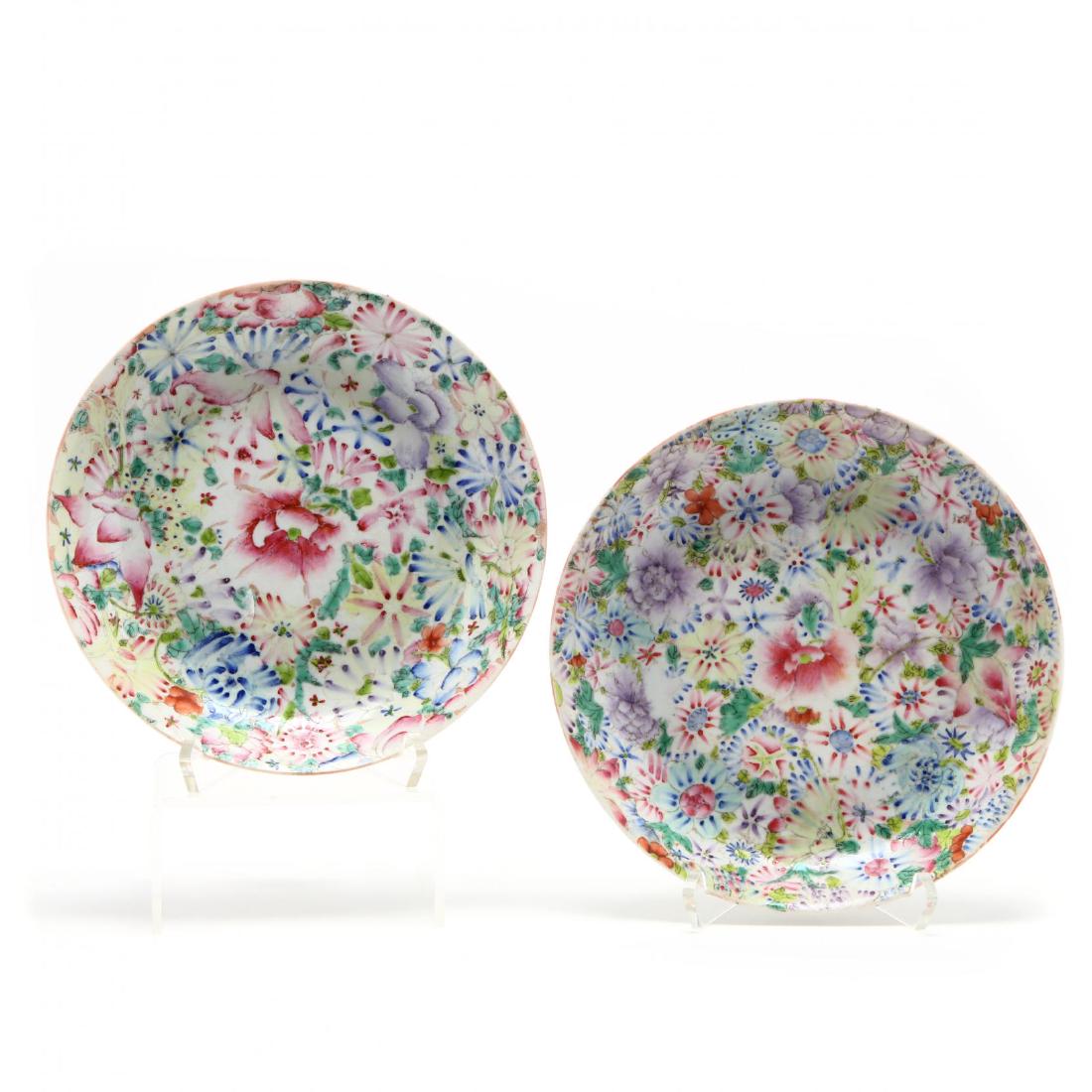 A Matched Pair of Millefiori Chinese Export Plates: A Matched Pair of Millefiori Chinese Export Plates20th century, hand painted with thousand flower decoration in pinks, blues, purples, and greens, underside edges with floral vine decoration, both wit