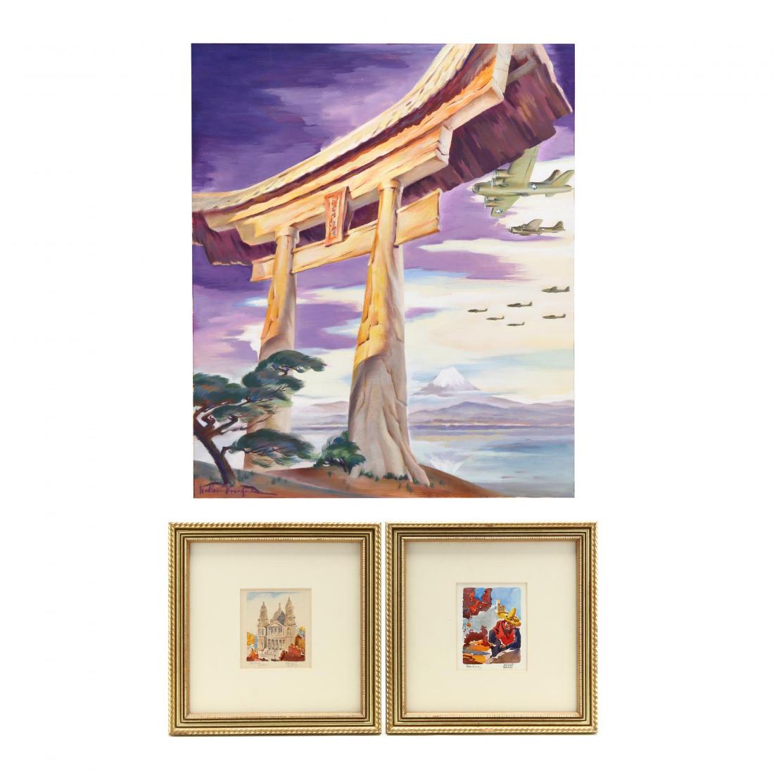 Wallace Bassford (FL/MO, 1900-1998), Three Works: Wallace Bassford (FL/MO, 1900-1998), Three Works the first: a World War II era work illustrating planes over Japan, likely a preparatory sketch for an American World War II poster, oil on cardboard, 1