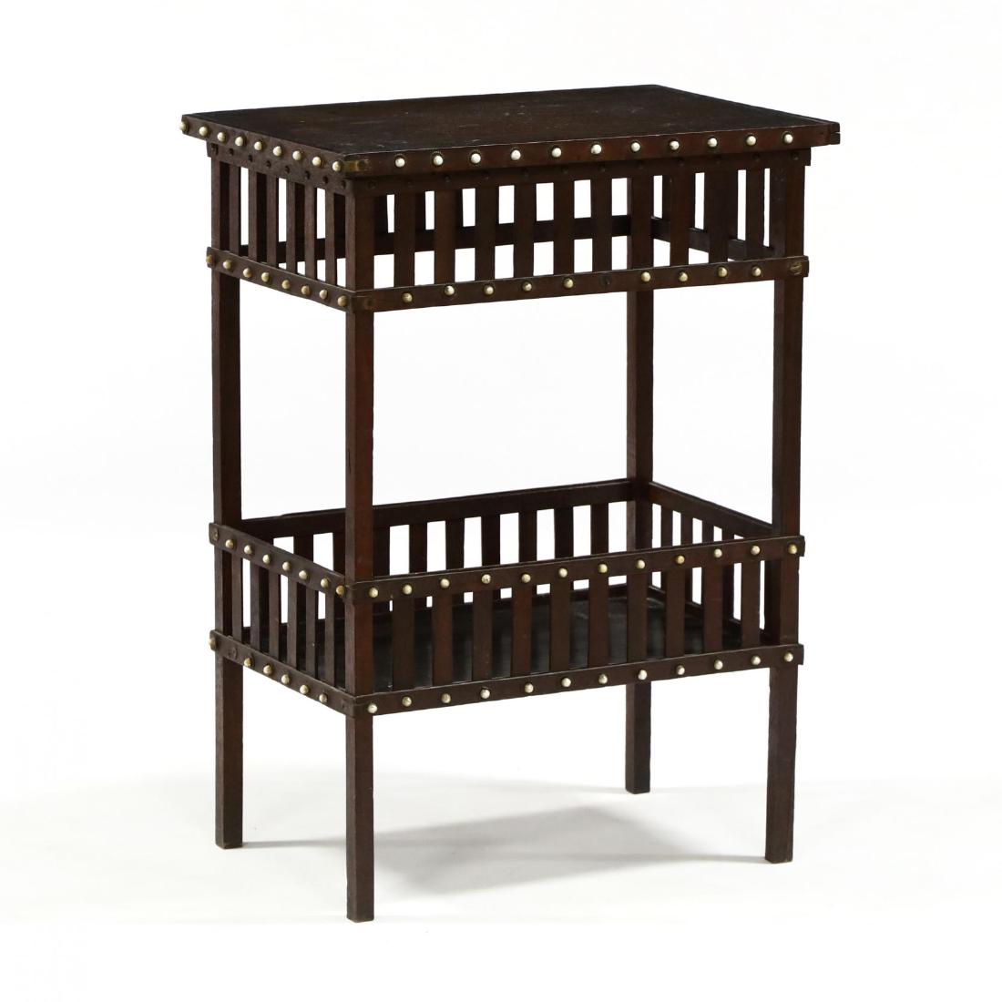 Tramp Art Walnut Two Tiered Table: Tramp Art Walnut Two Tiered Table late 19th century, top with applied ends, with open slat skirt and lower shelf, decorated with brass and glass bosses, on straight legs. 30 x 21.5 x 15 in. From the C