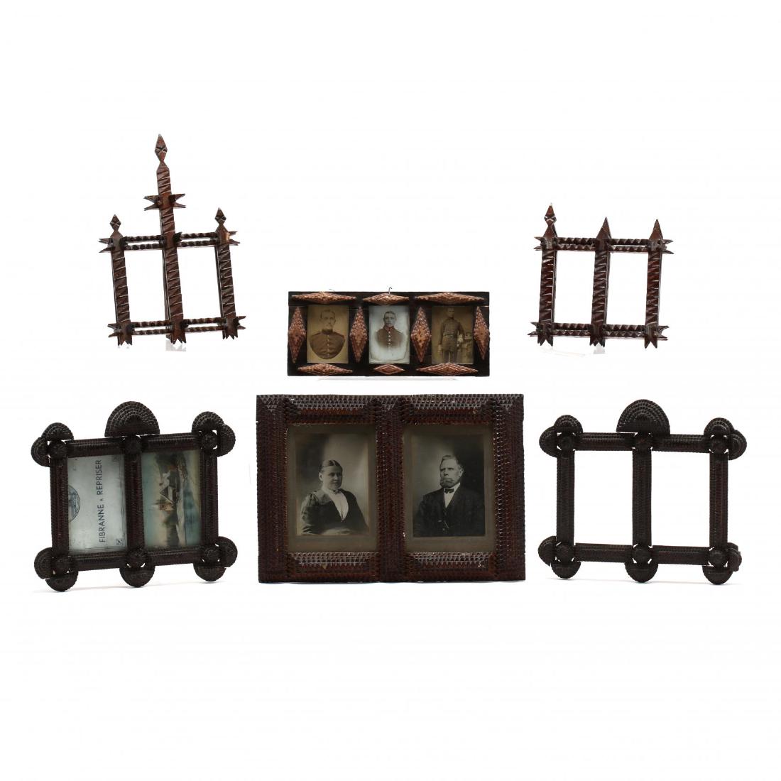 A Group of Six Small Tramp Art Frames: A Group of Six Small Tramp Art Frames two are double image with easel stands (one missing a projecting point); a chip carved double frame with 1890s images (9.5 x 14 in.); a pair of double frames with