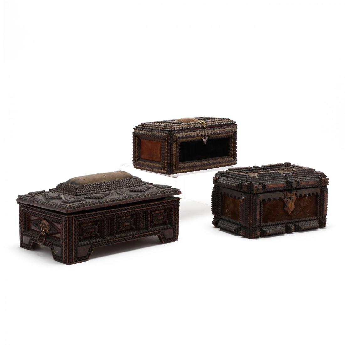 Three Tramp Art Keepsake Boxes: Three Tramp Art Keepsake Boxes notch carved with fabric used decoratively and as pin cushions, two with interior lid mirrors. Largest 6.5 x 10.5 x 6.5 in. From the Collection of Mary Wells, Greensboro