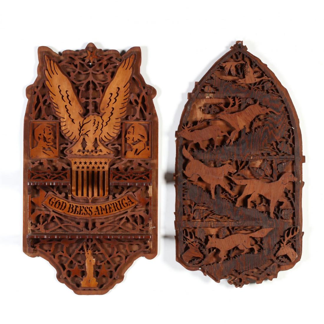 Two Tramp Art Wall Hangings: Two Tramp Art Wall Hangings both with cut-outs applied to a board, one with an Americana theme and the other with a hunt scene. "God Bless America" 22 in. From the Collection of Mary Wells, Greensboro
