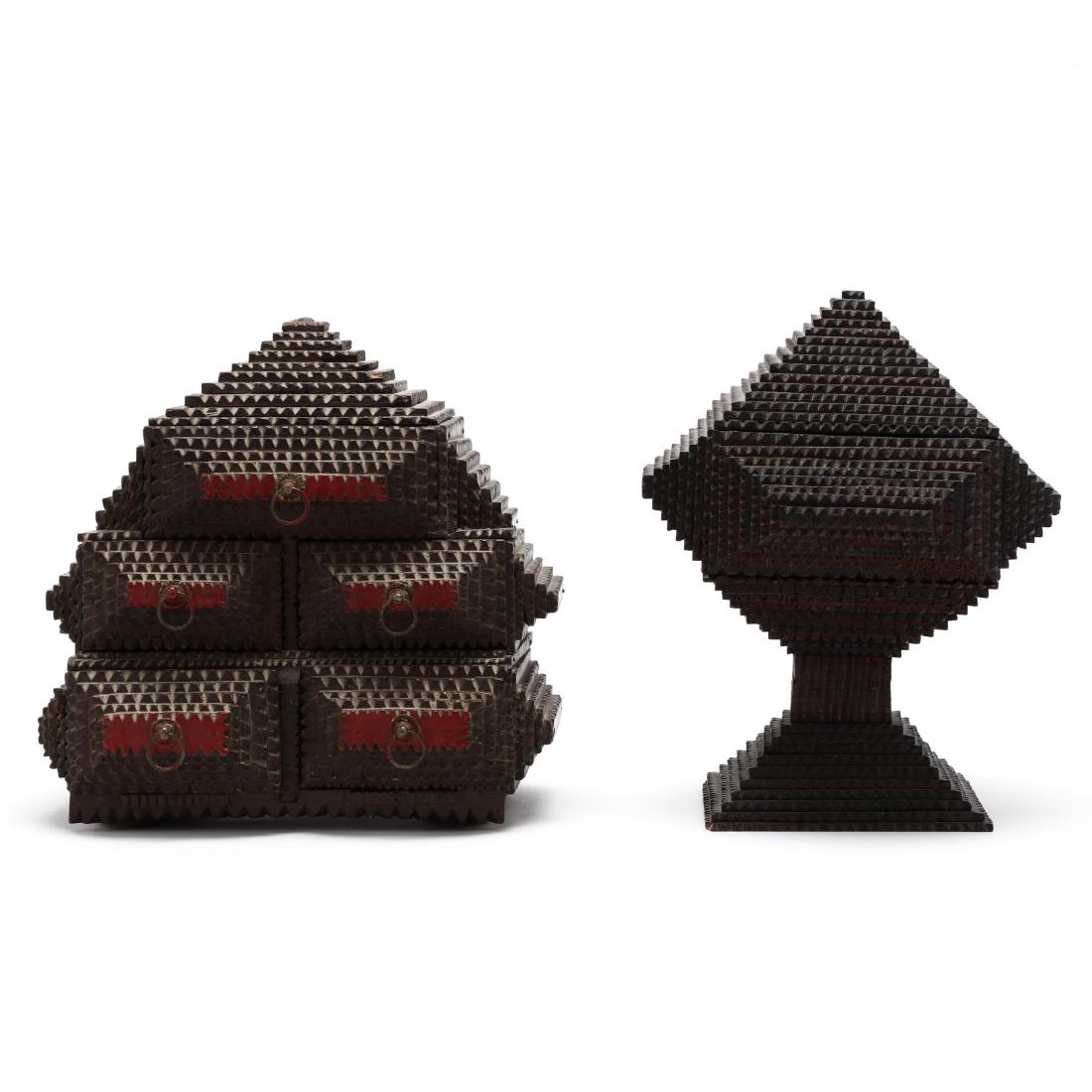 Two Tramp Art Pyramidal Boxes: Two Tramp Art Pyramidal Boxes chip carved, a sewing box with five red enameled drawers, fabric cushion on the underside of the lid, ring pulls; a pedestal box with hinged lid. Pedestal Box 10 x 7 in. 