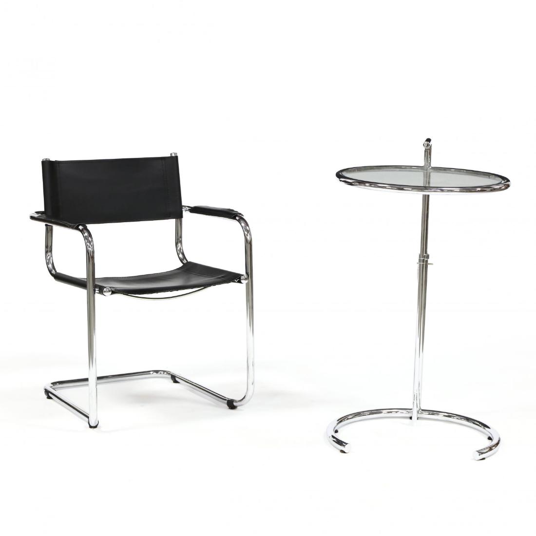 The Ulkind Armchair and Eileen Gray Side Table: The Ulkind Armchair and Eileen Gray Side Tablelate 20th century, including a chrome and black leather armchair with cantilevered seat, together with the E1207 side table designed by Eileen Gray with a