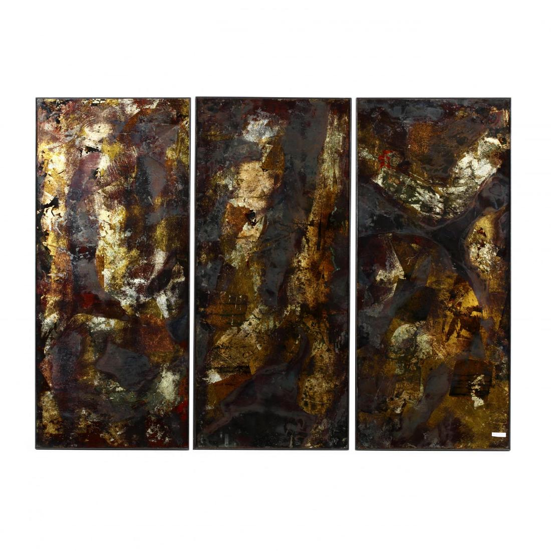 A Contemporary Mirrored Triptych by Timothy Poe: A Contemporary Mirrored Triptych by Timothy Poe (American) reverse painting on etched mirror with silver and gold accents and layers of thin translucent glazes, presented in bronze framing. 50 x 22 in