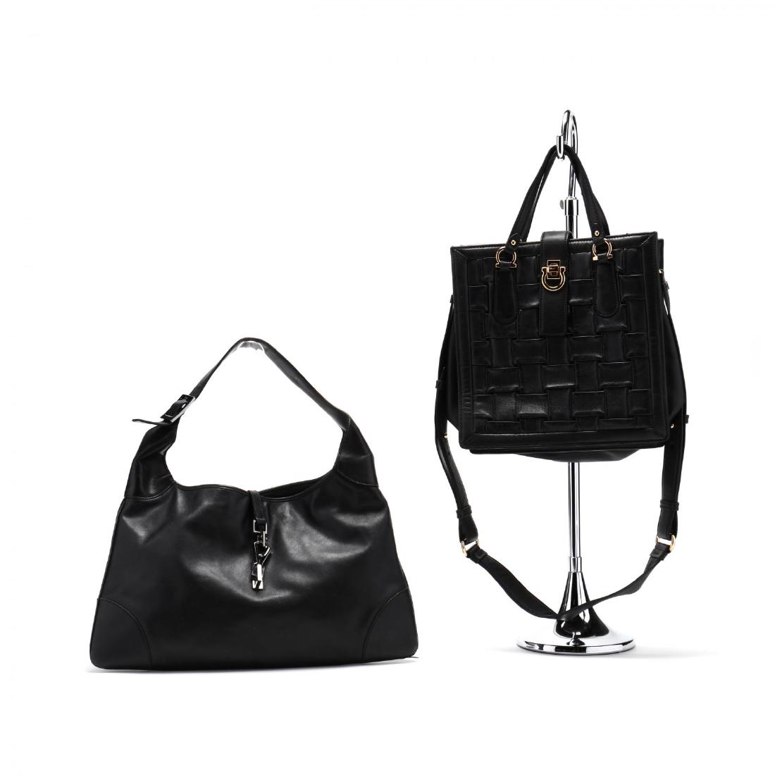 Two Vintage Italian Designer Bags, Ferragamo and Gucci: Two Vintage Italian Designer Bags, Ferragamo and Guccisoft black calfskin, the Ferragamo bag with woven leather, strap and twist lock closure, two open interior compartments, adjustable shoulder strap