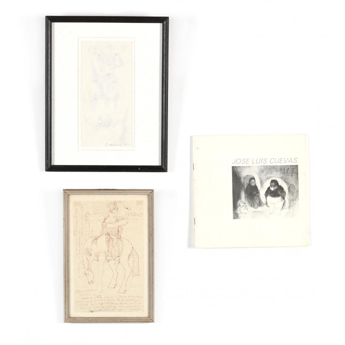 Jose Luis Cuevas (NY/Mexico, 1934-2017), Two Works &: Jose Luis Cuevas (NY/Mexico, 1934-2017), Two Works & Exhibition Booklet the first an ink on paper dated July 29, 1965 at upper right, signed at lower right, inscribed around image of a figure on a hor