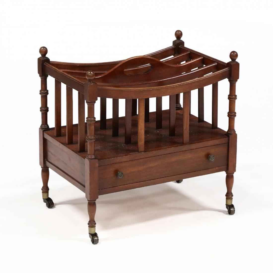 Georgian Style Mahogany Canterbury: Georgian Style Mahogany Canterbury mid 20th century, four slatted compartments with lower shelf on turned legs with brass casters. 20 x 19 x 13 in. Additional high-resolution photos are available at