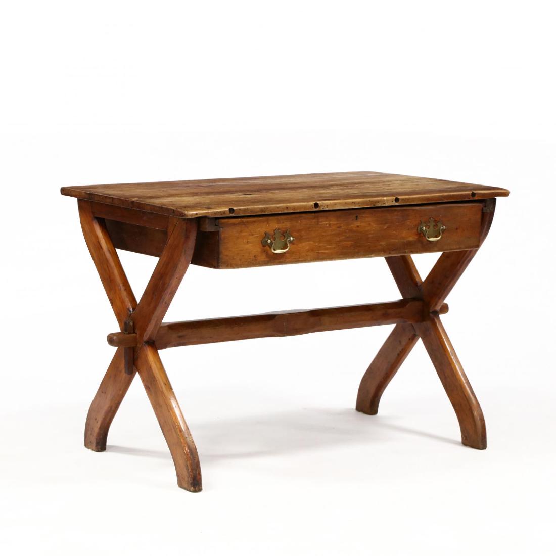 New England Sawbuck One Drawer Table: New England Sawbuck One Drawer Table 19th century, white pine, single deep drawer, X-stretcher leg support, chamfered central trestle with mortise and tenon. 31.5 x 45 x 30 in. Property from a histori