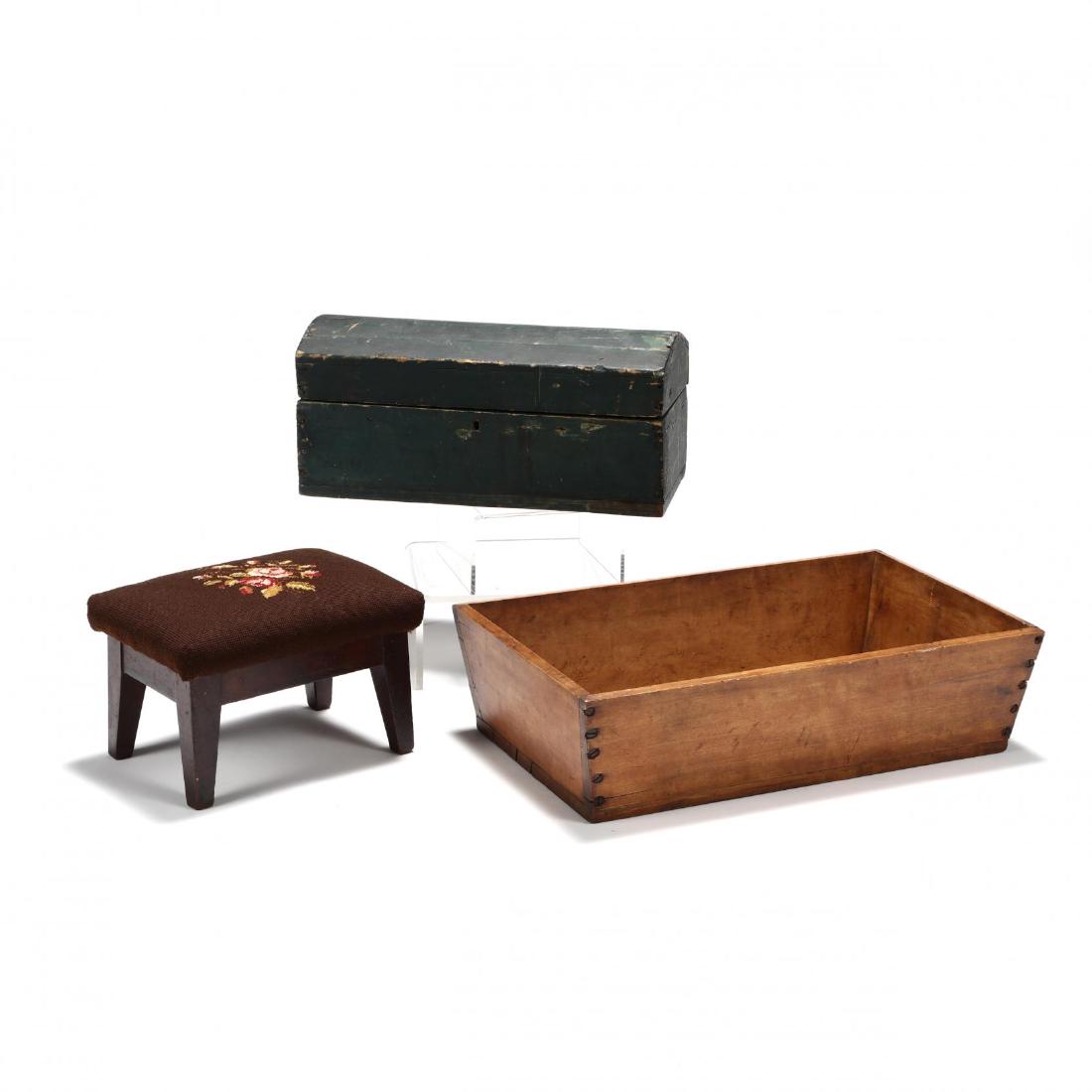 Antique Primitive Grouping: Antique Primitive Grouping 19th century, including a blue/green painted pine dome topped diminutive trunk, a solid maple box with flat head screw joinery, and a pine stool with needlepoint seat. Maple
