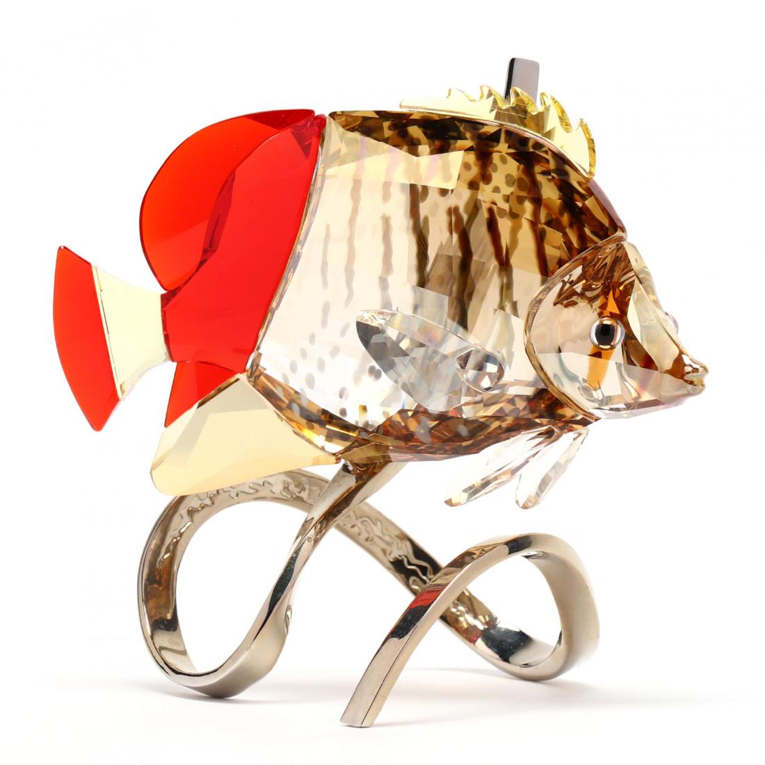 Swarovski, Butterfly Fish, Light Siam: Swarovski, Butterfly Fish, Light Siam item #1040347, multi colored and faceted crystal mounted to a chrome base, marked, with box. 4.5 x 5 x 3.5 in. Collection of Stephen Coppala, Charlotte, North Car