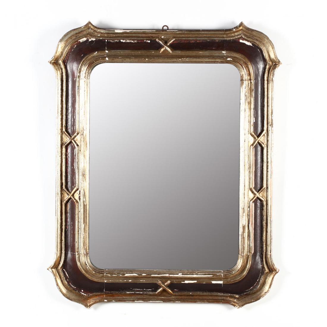 Antique Italian Carved and Painted Mirror: Antique Italian Carved and Painted Mirror late 19th century, shaped rectangular frame with dark red paint and silver highlights. DOA 41 x 32 in. Private Collection, Durham, NC Additional high-resoluti