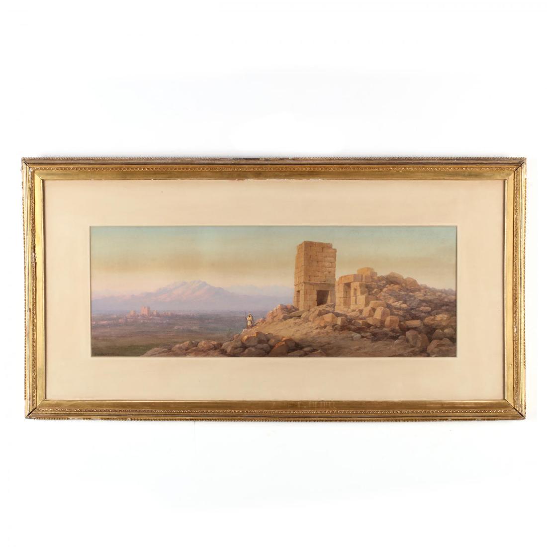 Charles Vacher (British, 1818-1883), Middle Eastern: Charles Vacher (British, 1818-1883), Middle Eastern Ruins watercolor on paper, signed and dated 1864 at lower left, matted and presented under glass in a gilt composition frame. DOA 21.25 x 40.5 in. A
