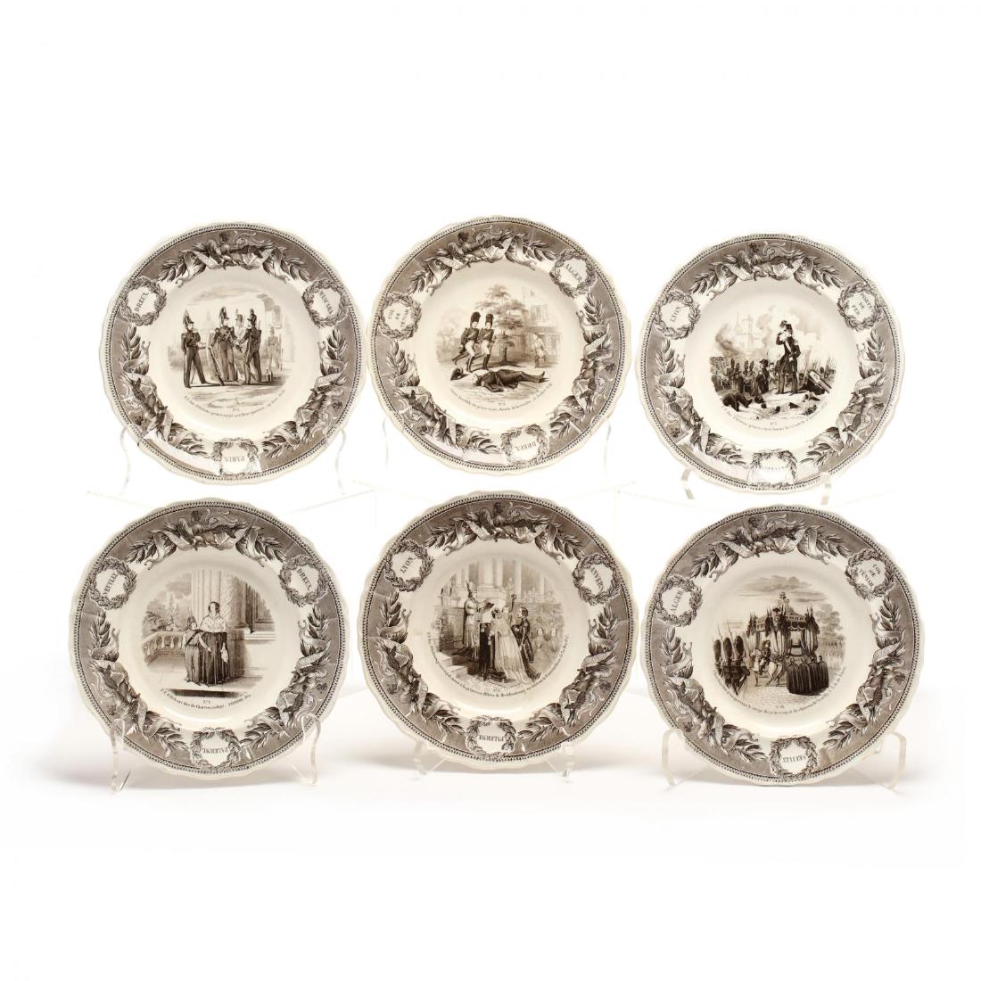 A Set of Six Creil Creamware Plates: A Set of Six Creil Creamware Platesmark for 1840-1844, black transfer historical scenes. 8 in. Creil was founded in Paris in 1795 and became the first French pottery to use transfer printing on creamw