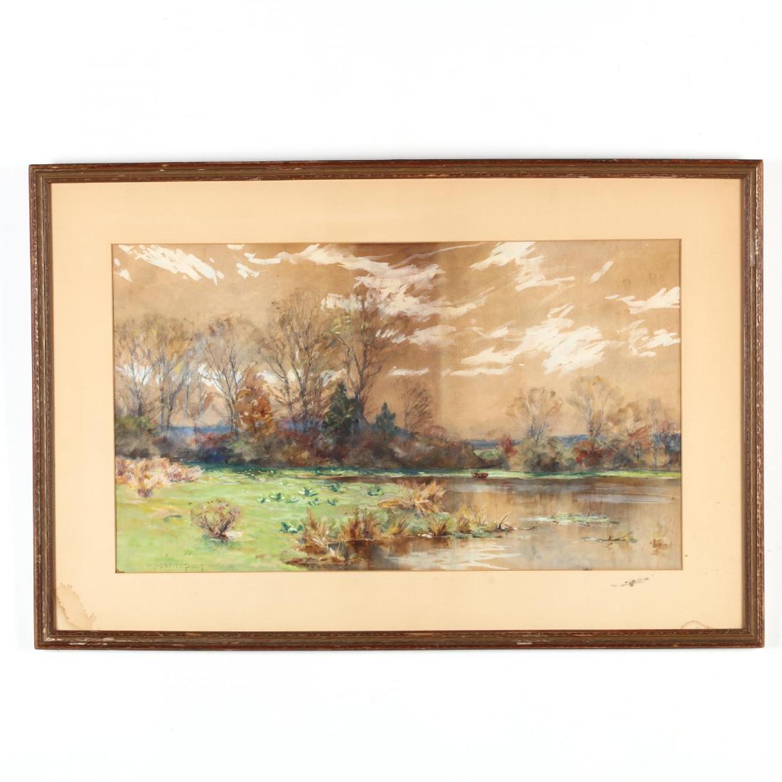 William Merritt Post (CT/NY, 1856-1935), Landscape: William Merritt Post (CT/NY, 1856-1935), Landscape watercolor and gouache on paper, signed at lower left, presented under glass in the likely original frame with remnants of a Poughkeepsie gallery lab