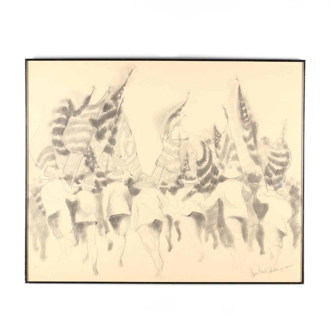 An Antique Graphite Drawing of Celebration in 1917: An Antique Graphite Drawing of Celebration in 1917graphite on paper, indistinct signature and inscription reading "1917 Celebration" at lower right, presented under Plexiglass in a later frame. DOA 32