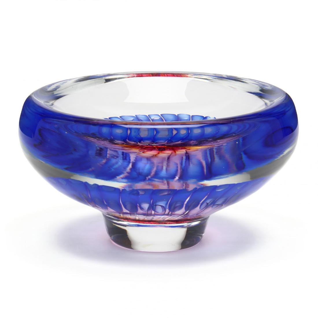 Gary Beecham (NC) "Color Study Vessel": Gary Beecham (NC) "Color Study Vessel" 1985, thick clear blown cased glass in pink/amber/purple/blue, signed at underside. 3.5 x 6 in. diameter. Private Collection, Goldsboro, North Carolina Additiona