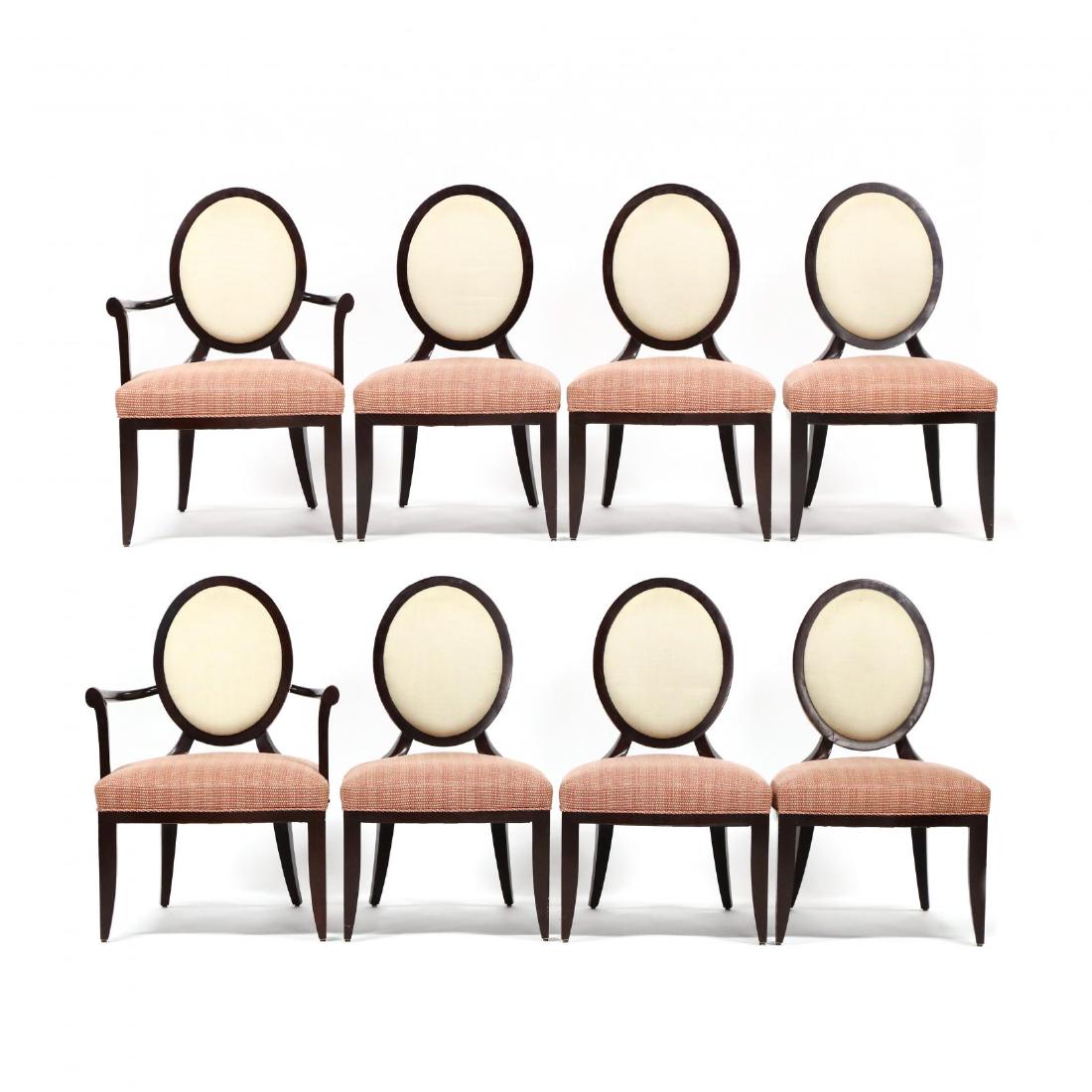 Barbara Barry for Baker, set of Eight Dining Chairs: Barbara Barry for Baker, set of Eight Dining Chairslate 20th century, to include two arm chairs and six side chairs, mahogany, oval backs with rear cross panel, wide serpentine seats on saber legs, la