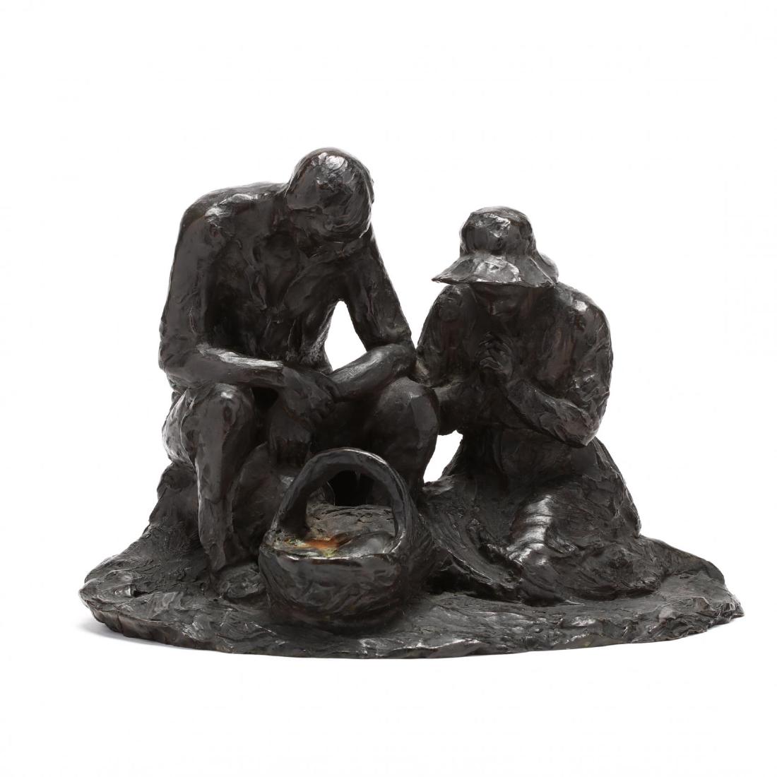 Frank Vittor (PA, 1888-1966), Bronze Sculpture: Frank Vittor (PA, 1888-1966), Bronze Sculpture bronze, inscribed "F. Vittor" and with foundry mark reading "National Art Bronze Works," depicting a man and woman seated with a basket. 9 in. Private No