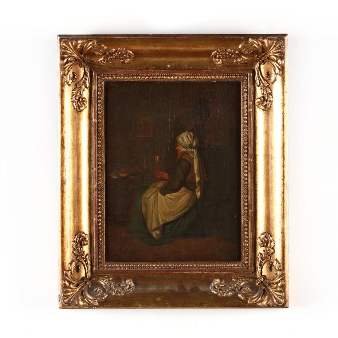 An Antique Continental School Genre Scene Painting,: An Antique Continental School Genre Scene Painting, circa 1800 oil on canvas wrapped on panel, unsigned, presented in a gilt composition frame. DOA 15.25 x 12.75 in. From the Collection of the late St