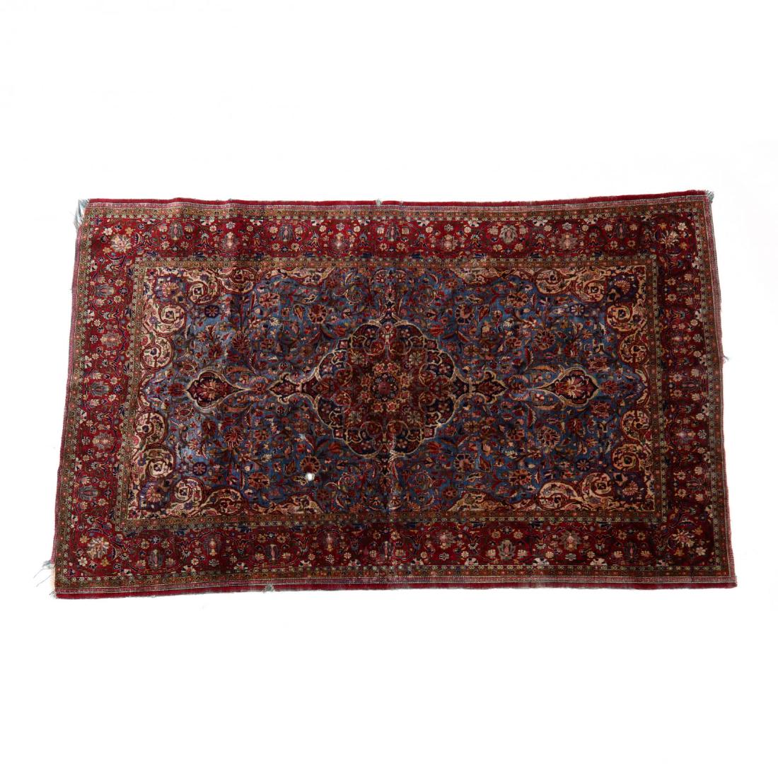 Kashan Area Rug: Kashan Area Rug center with lobed medallion on light blue field, field with floral design elements, with red guard border with scrolling vine and floral motifs. 4 ft. 1 in x 6 ft. 7 in. Additional hig