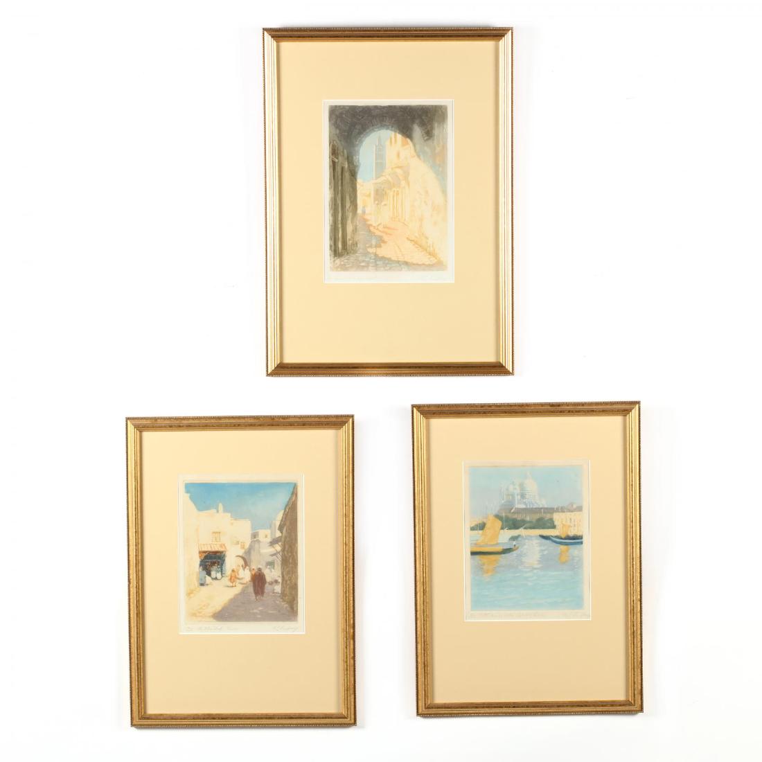 Annie L. Simpson (British, Late 19th/Early 20th C.),: Annie L. Simpson (British, Late 19th/Early 20th C.), Three Views of Tunisia and Veniceaquatint in colors, to include 'The Blue Shop' - Tunis, Tunis - (Le Souk el Belat.), and 'Santa Maria della Salute