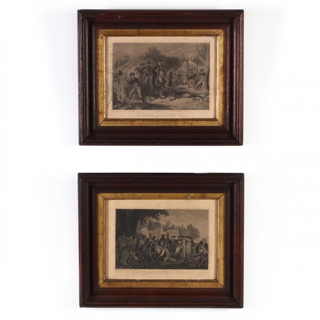 Two American Revolutionary Era Engravings: Two American Revolutionary Era Engravings to include William Penn's Treaty with the Indians and Winter Camp at Valley Forge, late 18th/early 19th century, presented in uniform antique wooden frames wi
