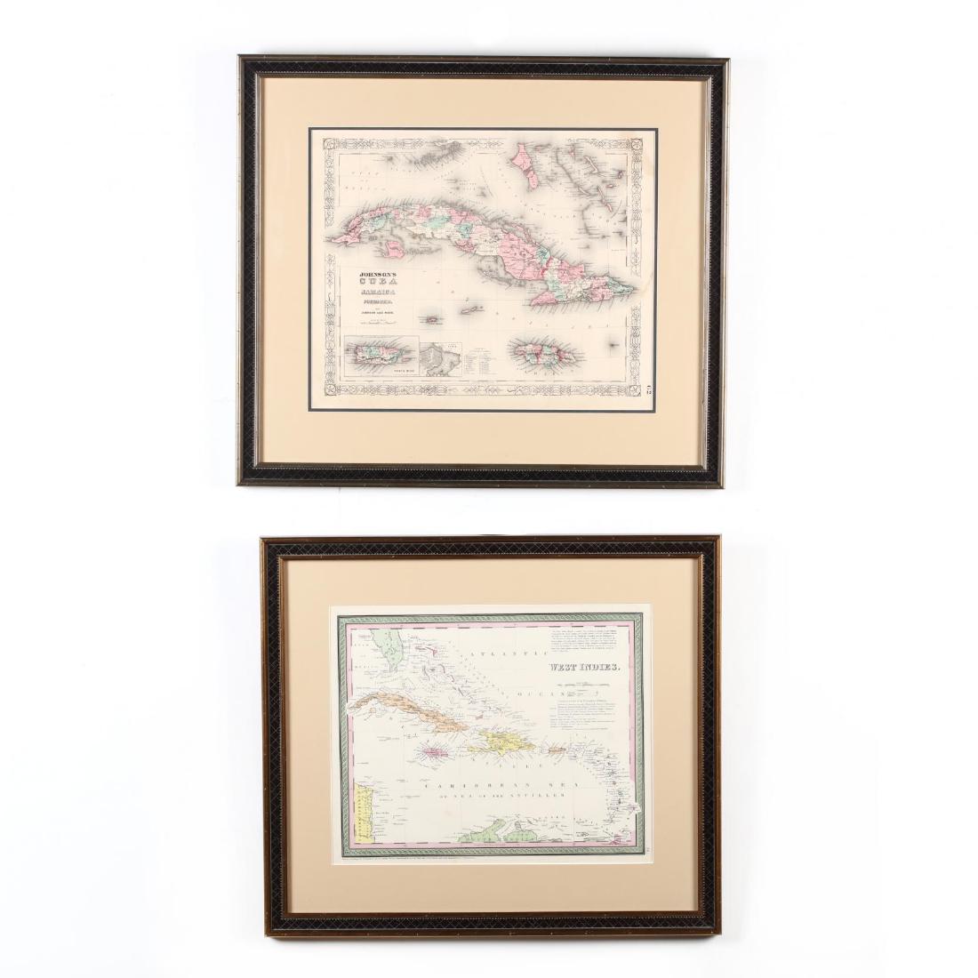 Two 19th Century Maps of Cuba and Adjacent Areas: Two 19th Century Maps of Cuba and Adjacent Areas to include: West Indies (Philadelphia: Thomas, Cowperwait & Co., 1850), plate 39 from atlas, presented behind mat in wooden frame with gilt (DOA 20.25 