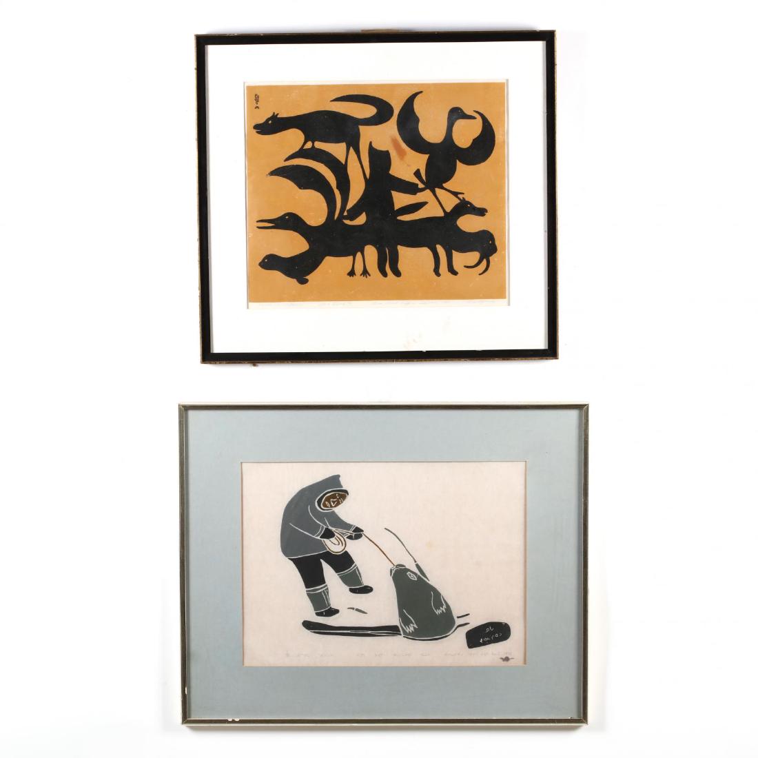Two Inuit Prints - One by Kenojuak Ashevak (1927–2013): the first: Kenojuak Ashevak (1927–2013), Vision in Autumn, 1960, color stone cut, pencil signed and inscribed; the second: pictures a seal hunt, 1973, print in colors (frosted glass obscures determi